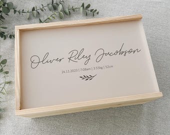 Caja de recuerdos de madera grande con detalles de nacimiento de bebé personalizados, ideas de regalos para bebés nuevos, recuerdos de bebés recién nacidos, regalo para bebé