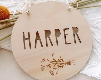 Letreros de puerta redondos personalizados / Placa con nombre bohemio BOUQUET / Letreros con nombre personalizados / Decoración de guardería personalizada / Decoración de habitación infantil / Letrero con nombre grabado /