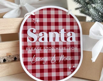 Letrero de Papá Noel "PARA AQUÍ", letrero personalizado con nombre para decoración navideña familiar, letrero navideño personalizado "Papá Noel" "PARA AQUÍ"