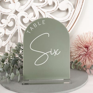 May include: A sage green table number sign with the word "TABLE" at the top and the number "Six" in a cursive font. The sign is arched at the top and sits in a clear acrylic base. Decorative elements include greenery and a pink floral accent.