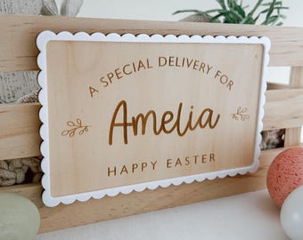 Placa de caja de Pascua de madera, placa con nombre de caja de regalo de Pascua personalizada, placa de caja de Pascua festoneada