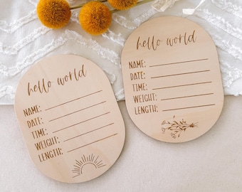 Anuncio de nacimiento "Hola Mundo", letrero con doble arco para el nombre del recién nacido, placa de anuncio de nacimiento, letrero de llegada del bebé al hospital, regalo para bebé recién nacido