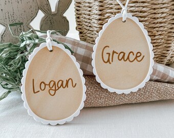 Huevo de Pascua de madera festoneado, regalo de Pascua personalizado para niños de 2026, etiqueta de regalo para cesta de Pascua.
