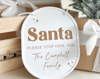 Letrero de Papá Noel "PARA AQUÍ", letrero personalizado con nombre para decoración navideña familiar, letrero navideño personalizado "Papá Noel" "PARA AQUÍ"