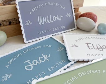 Placa de caja de Pascua, placa con nombre de caja de cesta de regalo de Pascua personalizada, placa de caja de Pascua festoneada