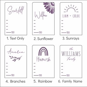 Puede incluir: Seis dise&ntilde;os diferentes para gr&aacute;ficos de crecimiento personalizados. Los dise&ntilde;os incluyen solo texto, un girasol, rayos de sol, ramas, un arco&iacute;ris y un nombre de familia. Cada dise&ntilde;o incluye una l&iacute;nea para medir la altura y el texto "180" en la parte inferior.