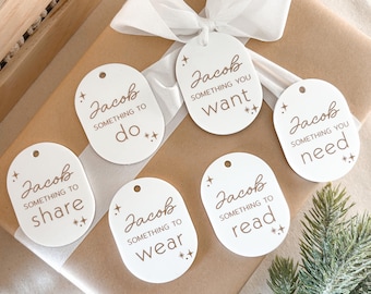 Juego de 6 etiquetas de regalo navideñas, etiquetas de regalo navideñas personalizadas y conscientes, algo que quieres, algo que necesitas, etiquetas de regalo para Navidad