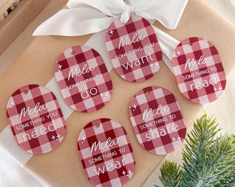 Juego de 6 etiquetas de regalo navideñas, etiquetas de regalo navideñas personalizadas y conscientes, algo que quieres, algo que necesitas, etiquetas de regalo para Navidad