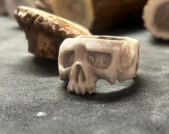 Antler Carved Skull Ring