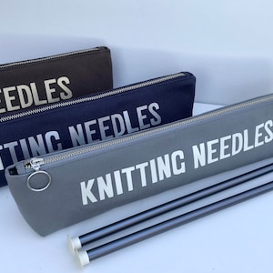Knitting Needle storage zipper pouch made from heavy cotton canvas with &quot;Knitting Needles&quot; block print