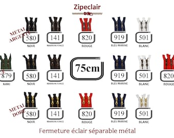 YKK Une fermeture éclair métal séparable de 75 cm, couleurs disponibles: noir, blanc, bleu, rouge, marron, kaki