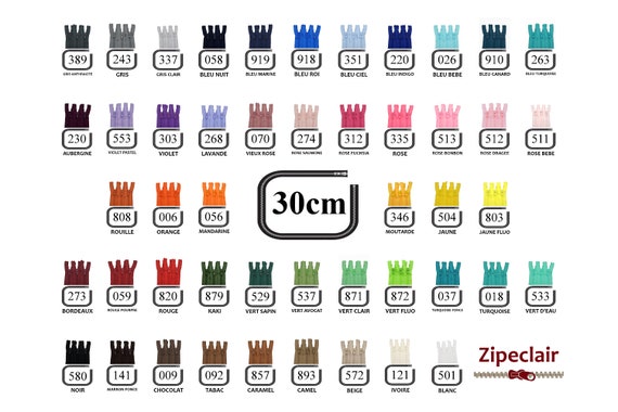 YKK Lot de 10 fermetures éclair de 30 cm, couleurs au choix: noir, blanc, vert, kaki, caramel, brun....