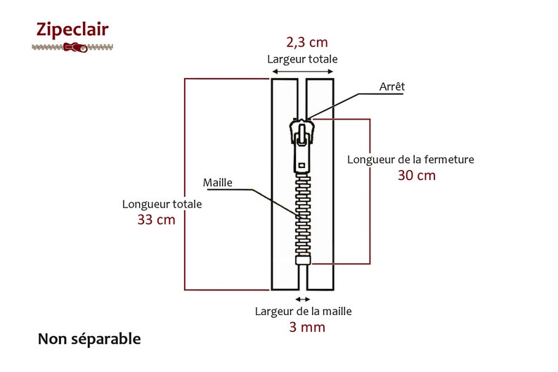 May include: A black zipper with a silver slider and a 30-inch length. The zipper is non-separable and has a 2.3-inch width. The zipper is labeled "Zipeclair".