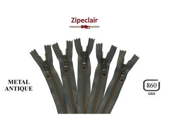 YKK Paquete de 5 cremalleras metálicas de latón antiguo de color gris, adecuadas para bolsos, carteras y cuellos de suéter, en tamaños de 10 cm a 45 cm.