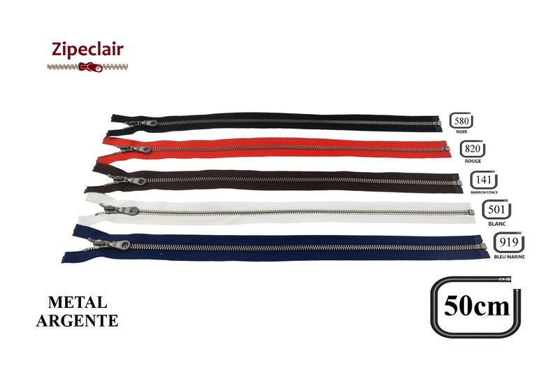 YKK Une fermeture éclair métal séparable de 50 cm, couleurs disponibles: noir, blanc, bleu, rouge, marron, kaki image 5