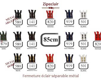 YKK Une fermeture éclair métal séparable de 85 cm, couleurs disponibles: noir, blanc, bleu, rouge, marron, kaki