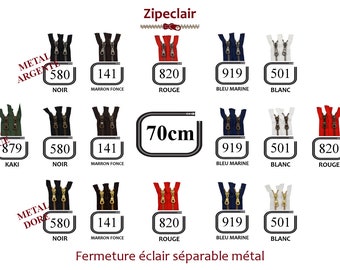 YKK A 70 cm teilbarer Metallreißverschluss, verfügbare Farben: Schwarz, Weiß, Blau, Rot, Braun, Khaki