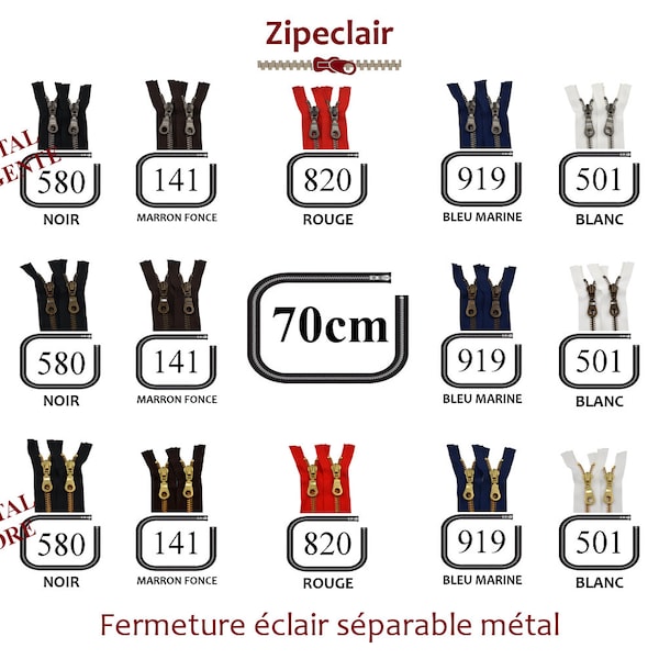 YKK Une fermeture éclair métal séparable de 70 cm, couleurs disponibles: noir, blanc, bleu, rouge, marron, kaki