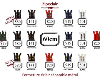 Cerniera YKK A separabile in metallo da 60 cm, colori disponibili: nero, bianco, blu, rosso, marrone, kaki