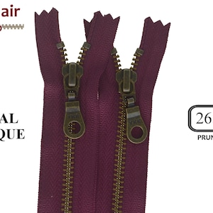 Cremallera YKK de metal color ciruela de latón antiguo, ideal para bolsos, carteras y cuellos de suéter. Tallas de 10 a 45 cm.