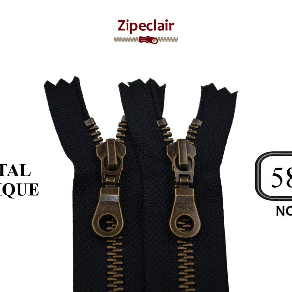 YKK Une fermeture éclair noire métal laiton antique adaptée pour sac, pochette, col de pull... tailles de 10 cm à 45 cm