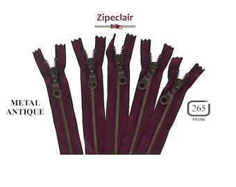 Juego de 5 cremalleras YKK de metal de latón antiguo de color ciruela, adecuadas para bolsos, carteras y cuellos de suéter, en tamaños de 10 cm a 45 cm.