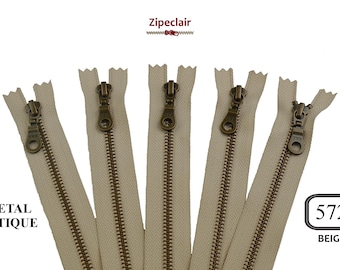 Juego de 5 cremalleras metálicas YKK de latón antiguo beige adecuadas para bolsos, carteras, cuellos de jersey... tamaños de 10 cm a 45 cm