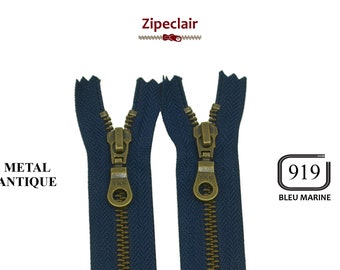 Cremallera YKK de metal azul marino de latón antiguo. Adecuada para bolsos, carteras, cuellos de suéter... Tamaños desde 10 cm hasta 45 cm.