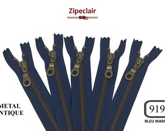 YKK A set of 5 navy antique brass metal zippers suitable for bags, wallet, sweater collar ... sizes from 10 cm to 45 cm