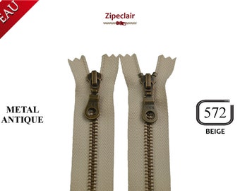 YKK Metal Zipper, brass antique, non separating, beige tape, suitable for bag, wallet, pullover collar ... sizes from 10 cm to 45 cm