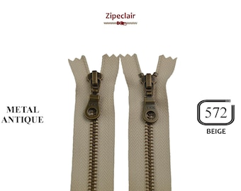 Cremallera YKK no separable, tejido beige, metal latón antiguo, adecuada para bolsos, clutches, cuellos de jersey... tallas desde 10 cm hasta 45 cm