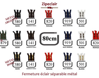 YKK Ein teilbarer Metallreißverschluss von 80 cm, verfügbare Farben: Schwarz, Weiß, Blau, Rot, Braun, Khaki