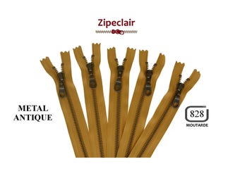 Juego de 5 cremalleras YKK de latón antiguo color mostaza, ideales para bolsos, estuches y cuellos de suéteres; tamaños de 10 cm a 45 cm.