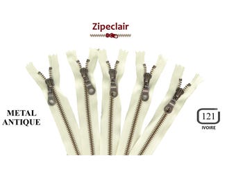 YKK A set of 5 ivory antique brass metal zippers suitable for bags, wallet, sweater collar ... sizes from 10 cm to 45 cm