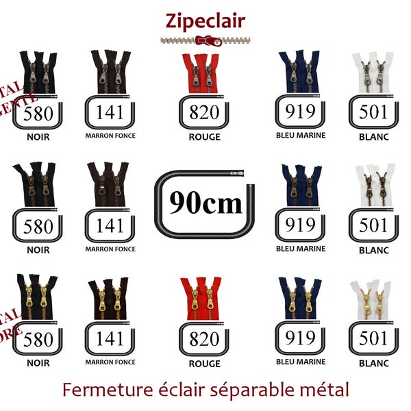 YKK Une fermeture éclair métal séparable de 90 cm, couleurs disponibles: noir, blanc, bleu, rouge, marron, kaki