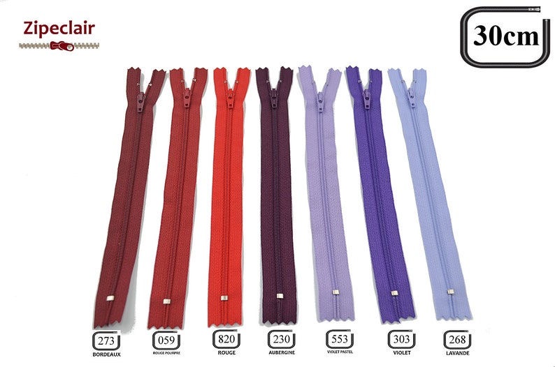 May include: Assortment of 8 zipper closures in various colors, including red, burgundy, purple, and lavender. Each zipper is 30 cm long.
