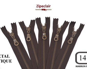 YKK A set of 5 brown antique brass metal zippers suitable for bags, wallet, sweater collar ... sizes from 10 cm to 45 cm