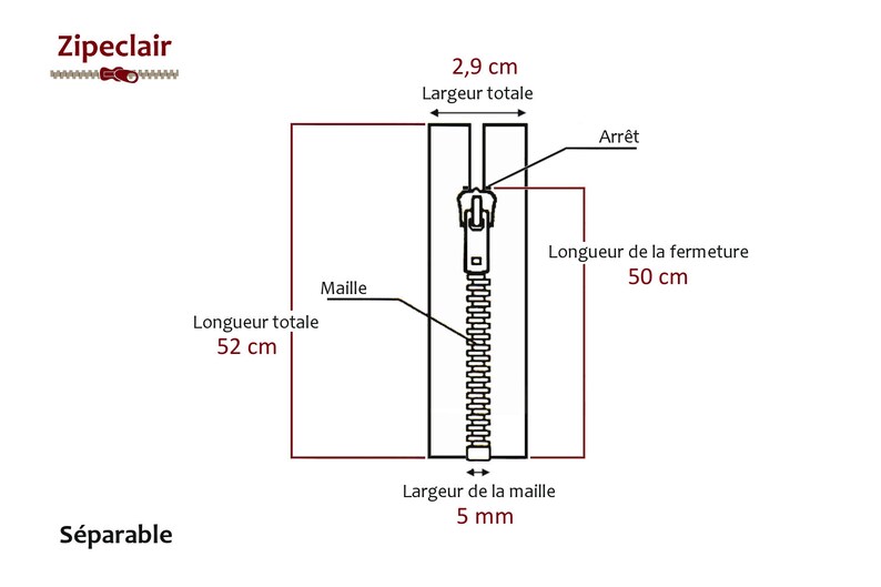 YKK Une fermeture éclair métal séparable de 50 cm, couleurs disponibles: noir, blanc, bleu, rouge, marron, kaki image 2