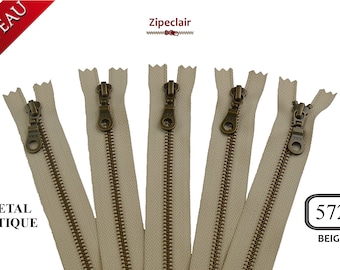 YKK A set of 5 beige antique brass metal zippers suitable for bags, wallet, sweater collar ... sizes from 10 cm to 45 cm