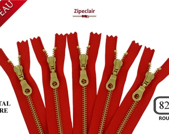 YKK A set of 5 red gold metal zippers suitable for bags, wallet, sweater collar ... sizes from 10 cm to 45 cm