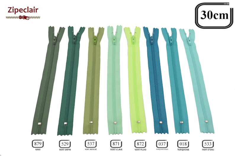 May include: Eight different colors of 30-inch zipper closures. The colors are khaki, green, light green, lime green, turquoise, and blue.