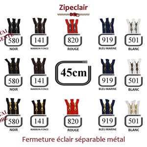 Pode incluir: Conjunto de fechos de correr separáveis de metal de 45 cm em várias cores, incluindo preto, vermelho, branco, cáqui, azul e castanho. Os fechos de correr são feitos de metal e têm vários acabamentos, incluindo antigo, prata e ouro. A imagem inclui o texto "Zipeclair" e "Fermeture éclair séparable métal".