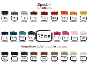 YKK Une fermeture éclair dos à dos en nylon de 75 cm pour sacs, couleur au choix: noir, blanc, tabac, turquoise, beige, moutarde....