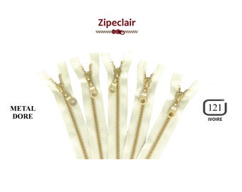 Juego de 5 cremalleras YKK de metal color marfil y dorado, ideales para bolsos, estuches, cuellos de suéteres... Tamaños de 10 cm a 45 cm