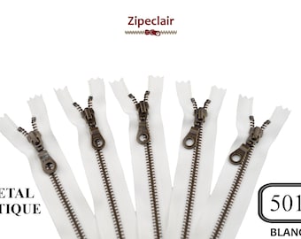 YKK A set of 5 white antique brass metal zippers suitable for bags, wallet, sweater collar ... sizes from 10 cm to 45 cm