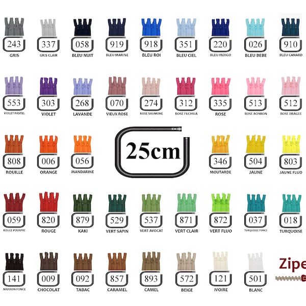 YKK Set of 10 zippers of 25 cm, colors to choose: black, white, burgundy, red, purple, tobacco ....