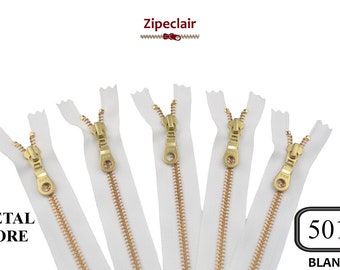 YKK A set of 5 white gold metal zippers suitable for bags, wallet, sweater collar ... sizes from 10 cm to 45 cm