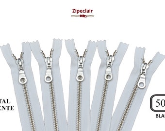 YKK A set of 5 white silver metal zippers suitable for bags, wallet, sweater collar ... sizes from 10 cm to 45 cm