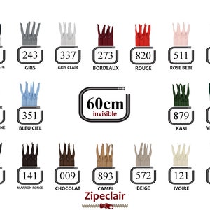 YKK Lot de 5 fermetures éclair invisibles de 60 cm, couleurs au choix: noir, blanc, marron, bordeaux, ivoire....