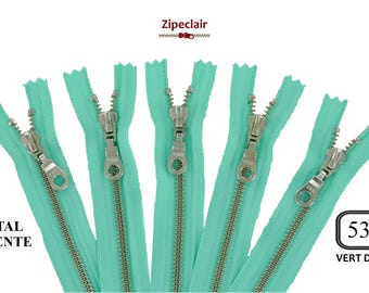 YKK Un juego de 5 cremalleras de metal plateado de color verde agua adecuadas para bolsos, carteras, cuellos de suéter... tamaños de 10 cm a 45 cm
